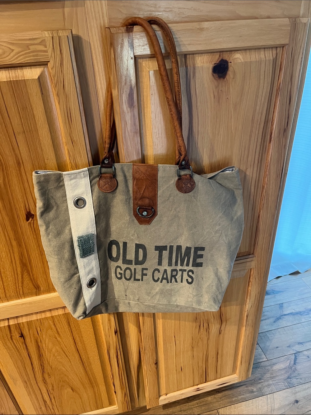 Canvas Tote Bag in Khaki and Brown with 'OLD TIME GOLF CARTS' Print
